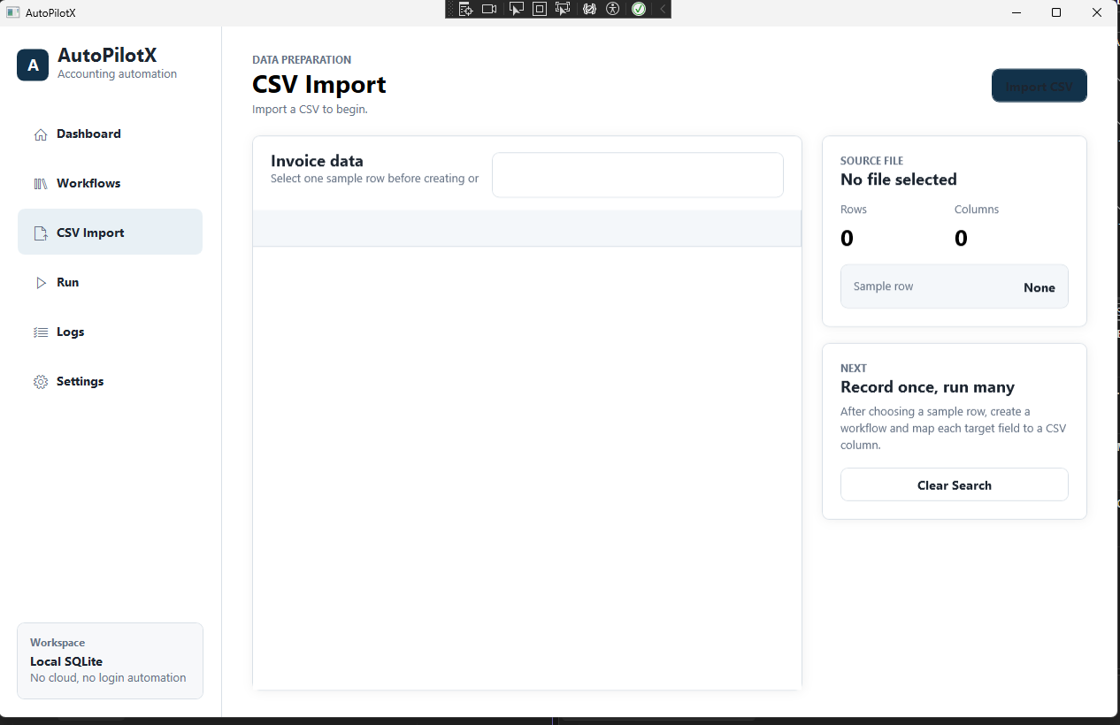 หน้าจอโปรแกรม AutoPilotX สำหรับเลือกไฟล์ CSV และเตรียมข้อมูล